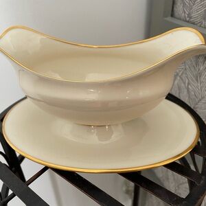 Mansfield Lenox gold trim gravy boat with attached 8inch plate.